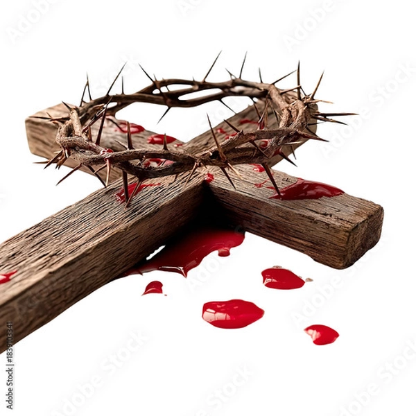 Fototapeta Wooden Cross and Crown of Thorns isolated on a transparent background