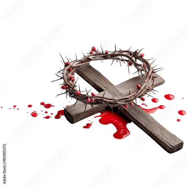 Fototapeta Crown of Thorns and Cross with Blood isolated on a transparent background