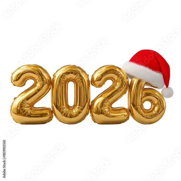 Fototapeta Golden 2026 balloons with Santa hat isolated on a transparent background