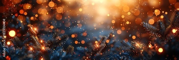 Obraz Panoramic Christmas Tree Branches with Warm Bokeh Lights