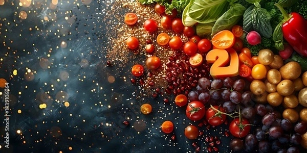 Obraz Panoramic Fruit & Vegetable Arrangement with Festive Bokeh Lights