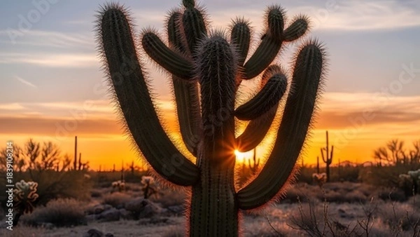 Fototapeta Saguaro cactus silhouetted against desert sunset with radiant starburst and serene arid landscape