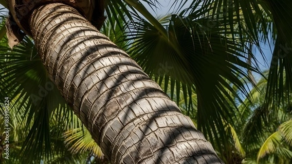 Fototapeta Palm trunk closeup with textured bark and striped shadows in tropical light evokes natural detail