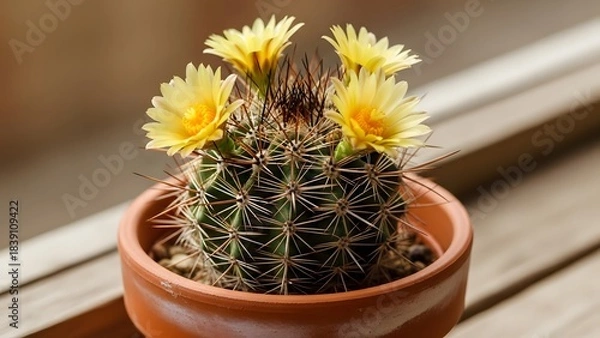 Fototapeta Cactus with radial spines and blooming yellow flowers in terracotta pot on wooden ledge highlights desert charm
