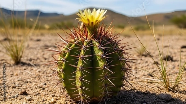 Fototapeta Barrel cactus with reddish spines and bright yellow bloom in desert landscape under blue sky