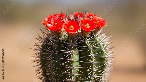 Fototapeta Cactus with ribbed green body and red-orange flowers blooming at top highlights desert resilience and vivid contrast