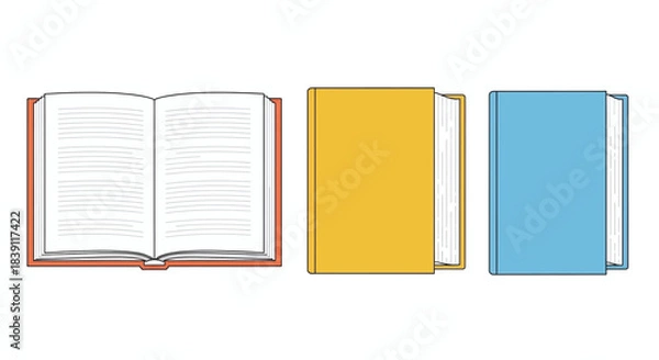 Obraz Set of books with open one and two closed, modern vector art.