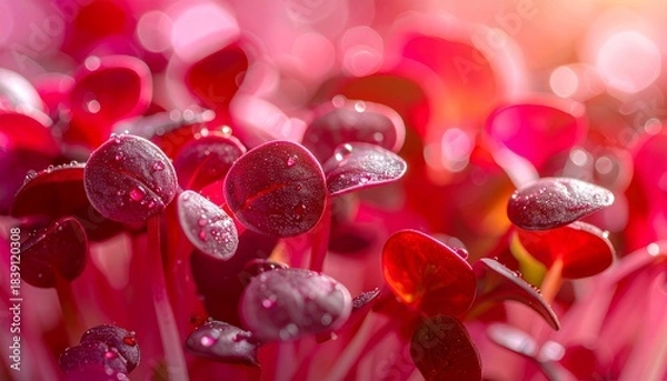 Fototapeta Vibrant Red Microgreens with Dew Drops, Close-Up Macro Shot.