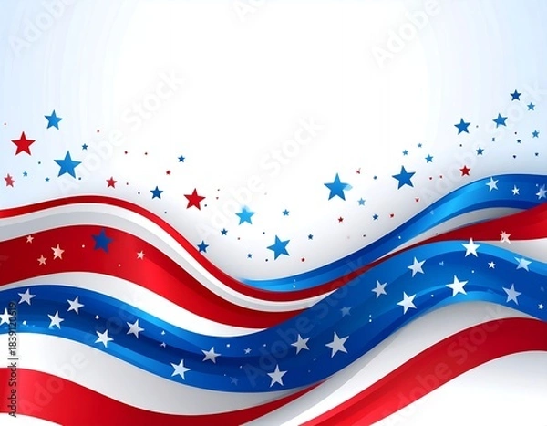 Fototapeta Vibrant Waving American Flag Ribbons with Stars on a White Background.