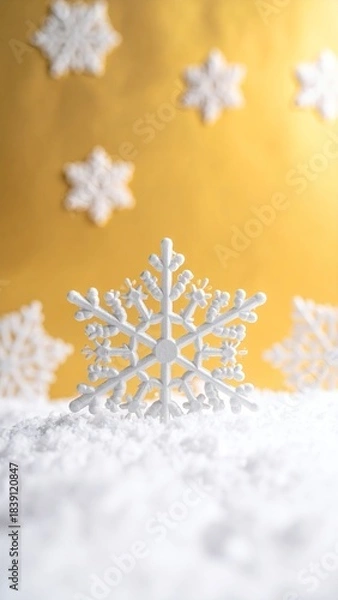 Obraz White snowflake decorations on a bed of artificial snow with a golden background, creating a festive winter scene.