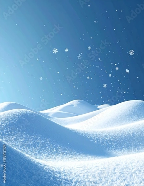 Fototapeta Winter Wonderland - Serene Snow-Covered Landscape with Falling Snowflakes and Blue Sky.