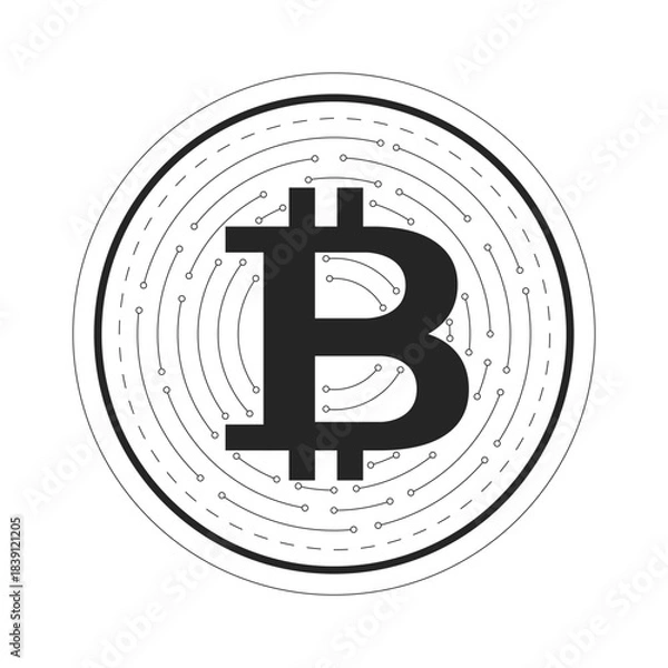 Obraz Digital bitcoin coin 2D line object. Modern finance with circuit lines round. Blockchain currency. BTC money. Internet crypto isolated clipart vector ink outline item. Monochrome spot illustration