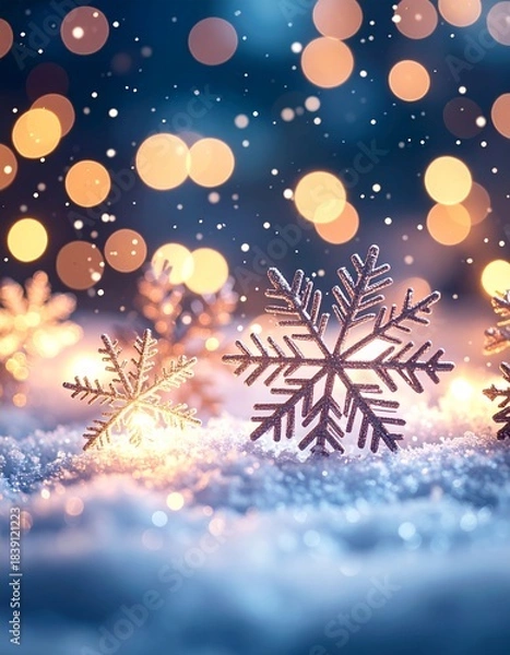 Obraz Winter Wonderland with Sparkling Snowflakes and Golden Bokeh Lights.
