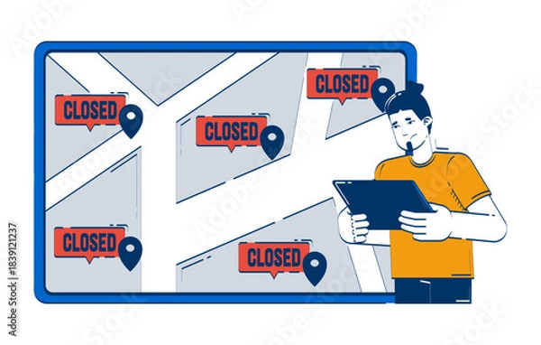 Obraz Establishments closed doodle illustration concept. Map with small businesses locations closure and worried retail entrepreneur cartoon 2D character isolated on white. Hand drawn vector metaphor