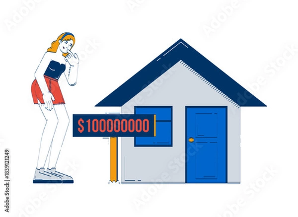 Obraz Real estate too expensive doodle illustration concept. Housing affordability problem. Frustrated buyer about overpriced home cartoon 2D character isolated on white. Hand drawn vector metaphor