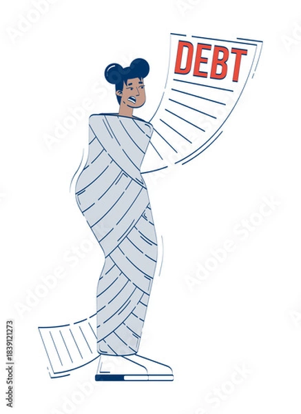 Obraz Stressed woman wrapped in debt doodle illustration concept. Overwhelming financial obligation. Economic hardship. Female debtor cartoon 2D character isolated on white. Hand drawn vector metaphor