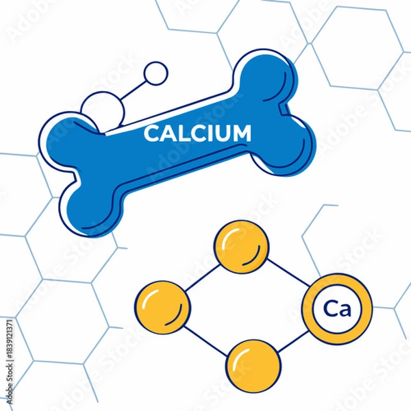 Fototapeta Essential calcium mineral concept illustrated with a blue bone icon and a chemical structure diagram against a light background