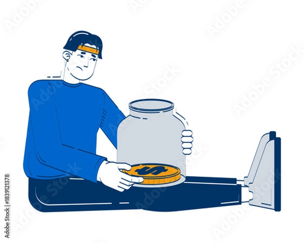 Obraz No savings doodle illustration concept. Financial insecurity. Living paycheck to paycheck. Asian man holding empty jar with last coin cartoon 2D character isolated on white. Hand drawn vector metaphor