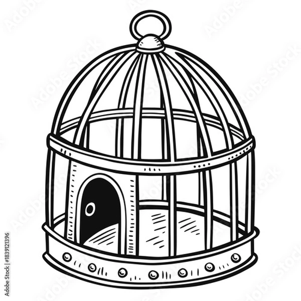 Fototapeta Vintage style hand drawn empty birdcage illustration featuring a domed top and small arched doorway perfect for whimsical design concepts