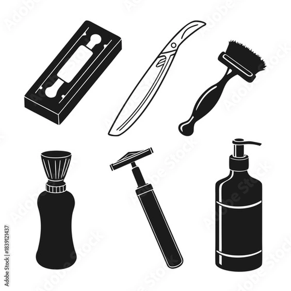 Fototapeta Collection of classic barber tools and shaving accessories including straight razor safety razor brush and soap in minimalist black silhouette style