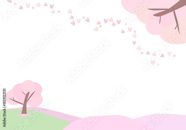 Fototapeta 桜の木と風に舞う花びらのフレーム素材