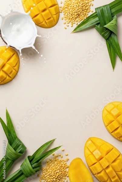 Obraz Vertical flat lay frame of Thai dessert ingredients featuring ripe mango coconut milk splash mung beans and pandan leaves on beige background with copy space