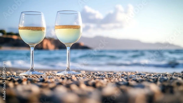 Fototapeta Two Glasses of White Wine on Beach, Summer Relaxation and Romantic Vacation Scene for Travel Promotion, Party Invitation, Dining Design