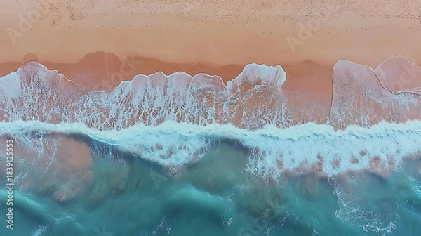 Fototapeta Ocean Waves and Sandy Beach Natural Landscape Background for Summer Travel Promotion, Vacation Poster, Web Banner, Design Element