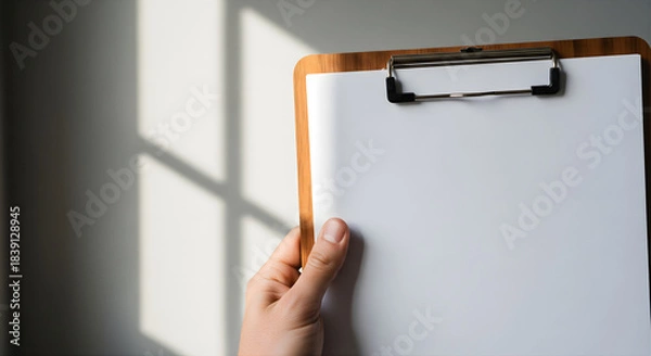 Fototapeta Hand holding blank clipboard with empty white paper sheet in sunlit room