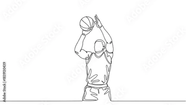 Fototapeta A single line illustration captures a basketball player in action, focused on shooting the ball. 