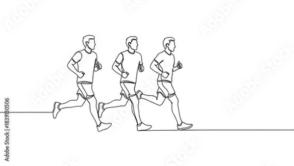 Fototapeta Three runners, captured in a continuous line art, gracefully moving. 