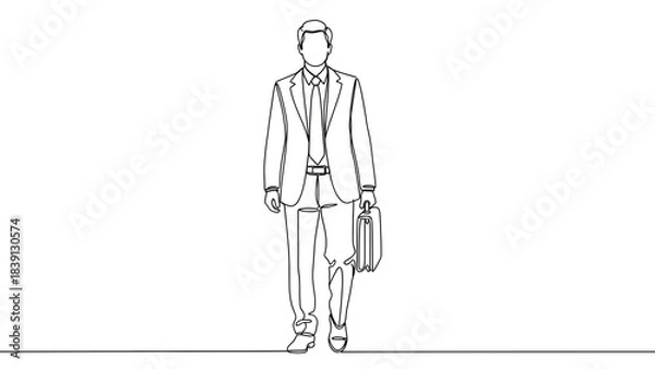 Fototapeta A minimalist line drawing of a suited man confidently walking, holding a briefcase. 