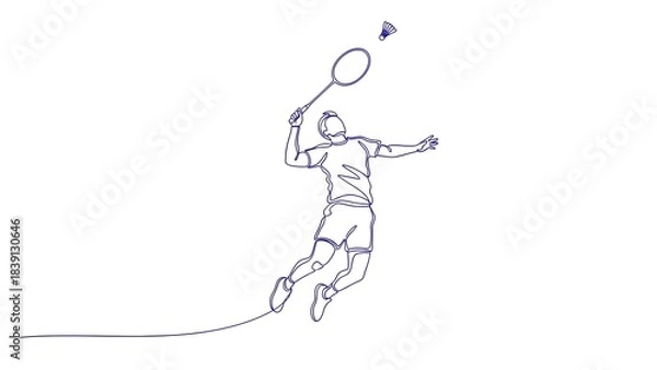 Fototapeta A dynamic line drawing of a person playing badminton. 