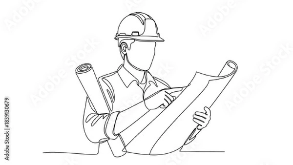 Fototapeta A line drawing of an engineer reviewing architectural plans. 