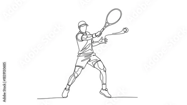 Fototapeta Dynamic line drawing of a tennis player in action. 
