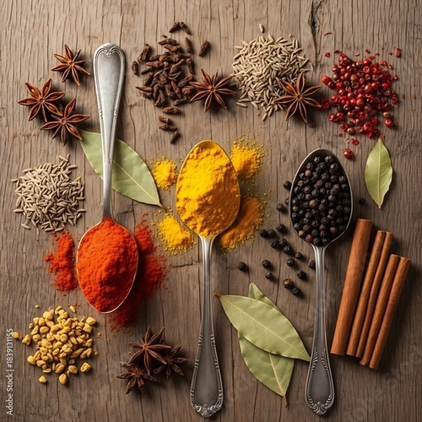 Obraz Vibrant food photography of diverse global spices and chilies, laid out on a dark wooden surface for cooking themes
