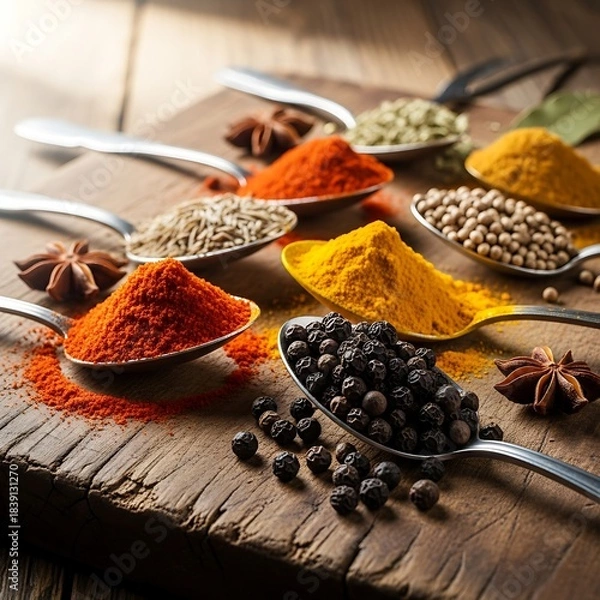 Obraz Richly colored spices and peppercorns organized in a decorative pattern on a rustic dark brown wooden board