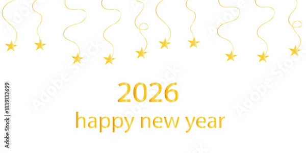 Fototapeta Minimal 2026 Happy New Year background with golden hanging stars and elegant swirling ribbons on a clean white backdrop. Festive, modern, bright holiday design perfect for greetings and celebrations.
