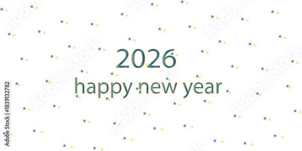 Fototapeta Minimal 2026 Happy New Year background with scattered blue and yellow stars on a clean white backdrop. Modern festive design perfect for greeting cards, holiday banners, and celebration graphics.