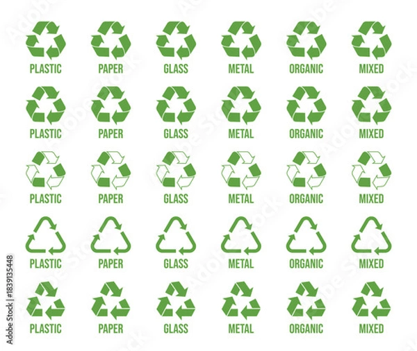Obraz Garbage segregation. Waste separate, classification and recycling for different types of waste - plastic, paper, glass, metal, organics and others