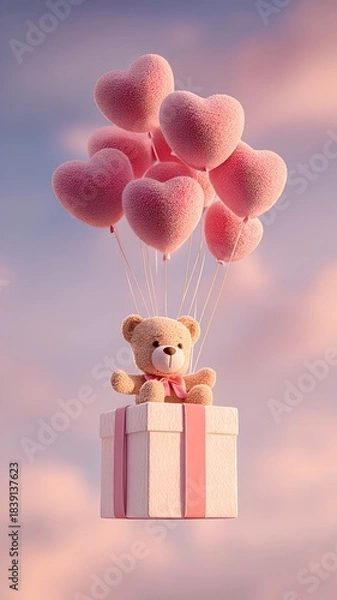 Obraz Festive Valentine's Day background with a gift box and heart-shaped balloons