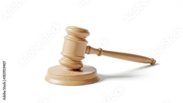 Obraz Wooden gavel and sound block for judge. Concept of justice system, law, auction and court for legal proceedings or business deals.