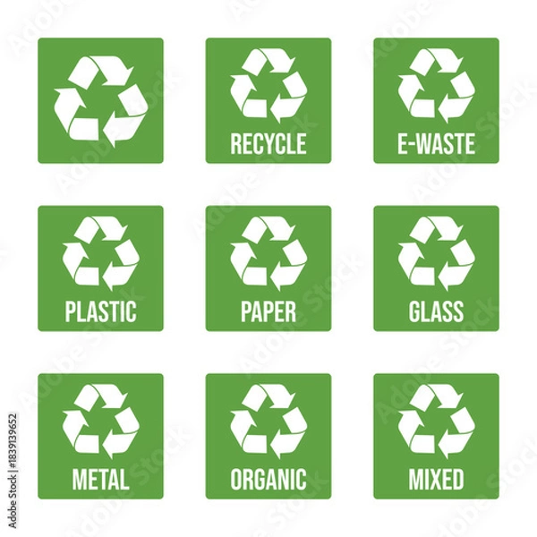 Obraz Garbage segregation. Waste separate, classification and recycling for different types of waste - plastic, paper, glass, metal, organics and others