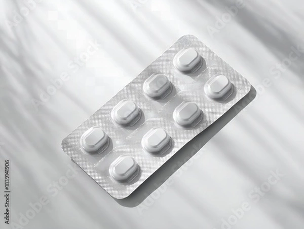 Obraz White oval pills in a silver blister pack, medicine, healthcare, and pharmaceutical concept on a bright background with subtle shadows.