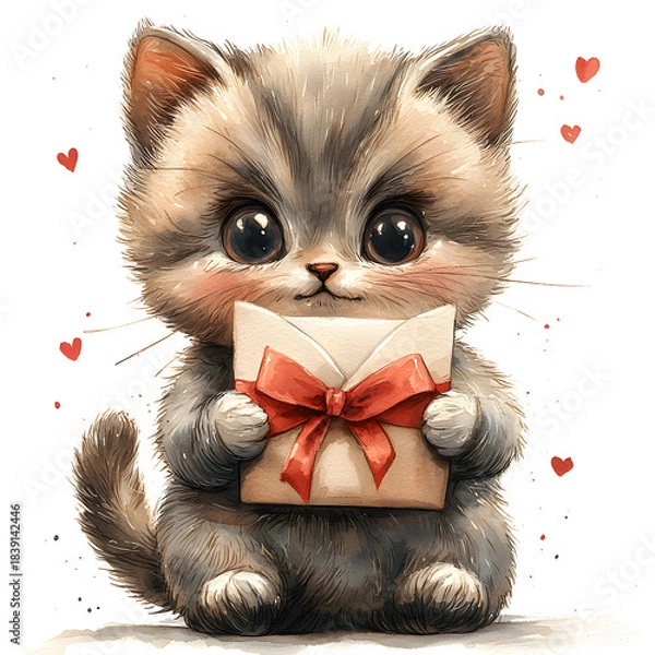 Fototapeta  Adorable watercolor kitten holding a tiny love letter with a red bow and floating hearts