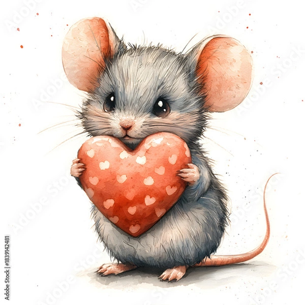 Fototapeta  Cute little mouse holding red heart with small hearts on white background
