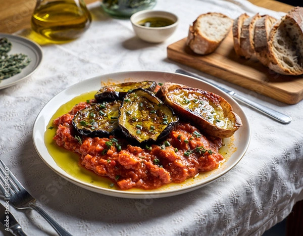 Obraz Roasted eggplant with homemade tomato sauce and rustic bread