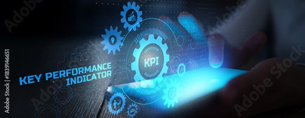 Obraz Key Performance Indicators KPI and Business Metrics Visualized on Digital Touchscreen Interface.