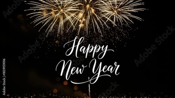 Fototapeta Golden Fireworks Display with Elegant Happy New Year Calligraphy