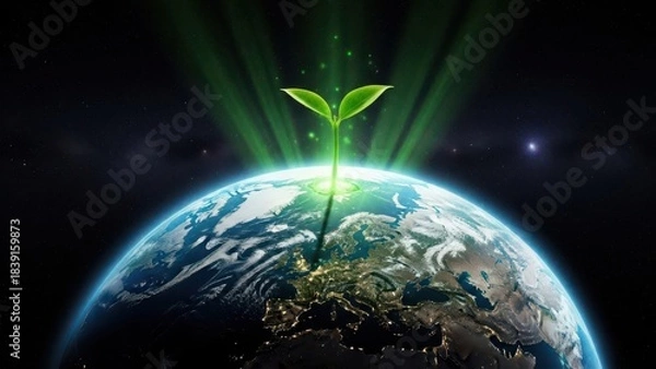 Fototapeta Surreal Artistic Concept of Environmental Hope Featuring a Glowing Green Seedling Sprouting from Planet Earth and Radiating Light Beams into Outer Space

